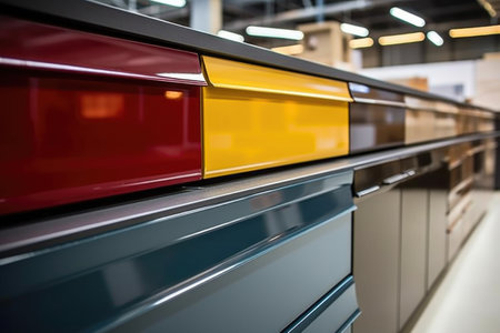 a line of freshly lacquered cabinets, created with generative aiの素材