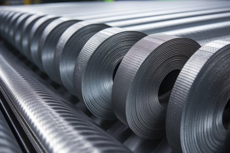 close-up of freshly rolled carbon steel sheets, created with generative aiの素材