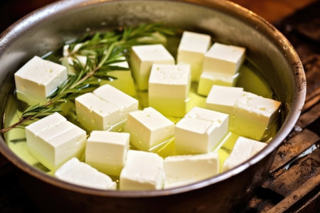 blocks of feta cheese soaking in brine in a pot, created with generative aiの素材