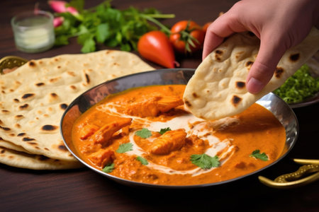 hand placing a naan bread next to chicken tikka masala, created with generative aiの素材