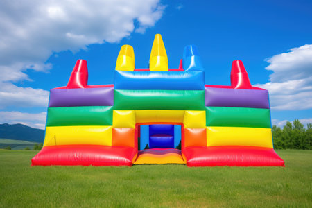 a rainbow-colored bouncy castle in an open field, created with generative aiの素材