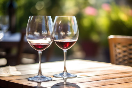 wine glasses on an outdoor table, created with generative aiの素材