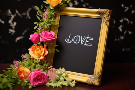 a small chalkboard with a love message surrounded by flowers, created with generative aiの素材