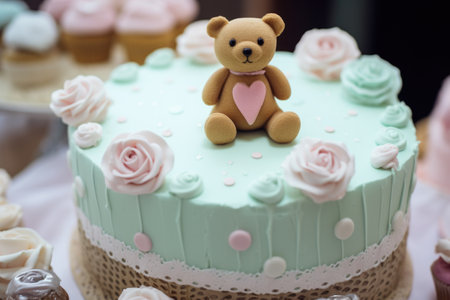 detailed view of a baby shower cake with edible decorations, created with generative aiの素材