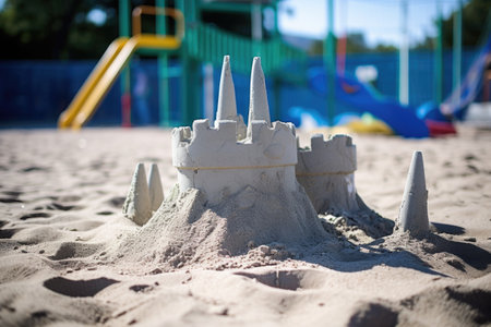 a knocked over sandcastle at a playground, created with generative aiの素材