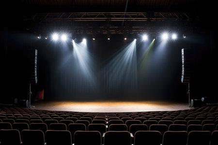 microphone and spotlight in an empty auditorium, created with generative aiの素材