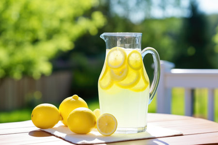a jug of fresh homemade lemonade on a sunny outdoor table, created with generative aiの素材