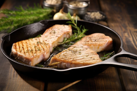 swordfish steak on cast iron pan, created with generative aiの素材