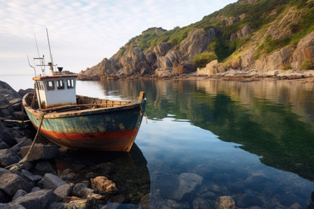empty fishing boat anchored in rocky bay, created with generative aiの素材