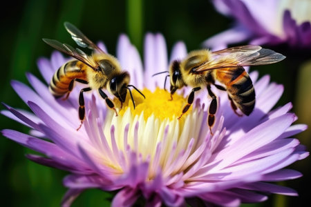 two bees collecting nectar from the same flower, created with generative aiの素材