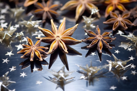macro view of botanicals on a stainless steel surface, created with generative aiの素材