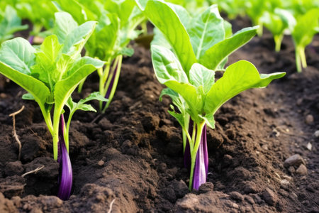 close up of eggplants growing in soil-less culture, created with generative aiの素材