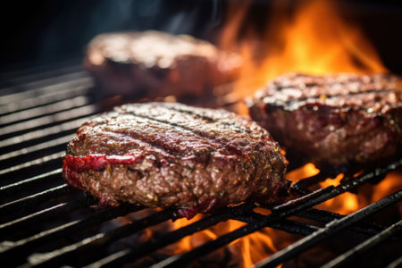 soft grill light shines on glistening burger patties, created with generative aiの素材