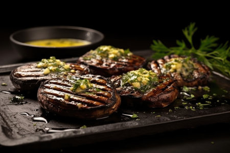 grilled portobello mushrooms with garlic butter on a dark background, created with generative aiの素材