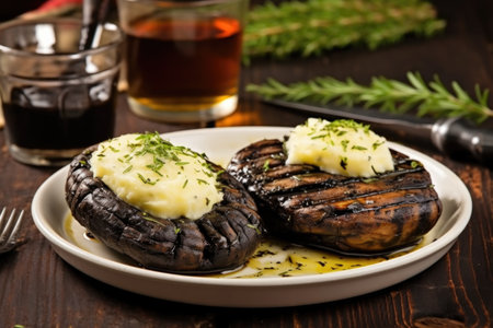 two grilled portobello mushrooms with a side of mashed potato, created with generative aiの素材
