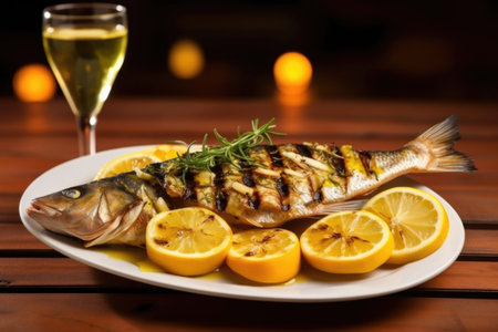 grilled sea bass with slices of caramelized lemon on top, created with generative aiの素材