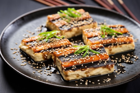 grilled tofu steaks with sesame seeds sprinkled on top, created with generative aiの素材
