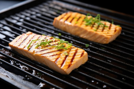grilled tofu steaks with char marks on a black griddle, created with generative aiの素材