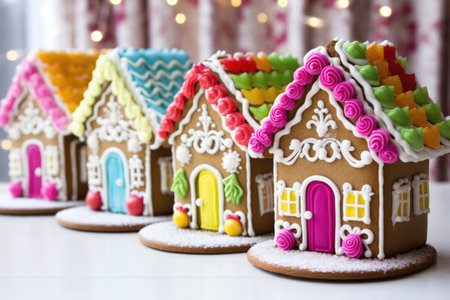 gingerbread houses decorated with colorful icing, created with generative aiの素材