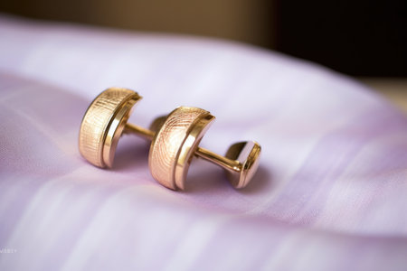 close-up of cufflinks on a french cuff shirt sleeve, created with generative aiの素材
