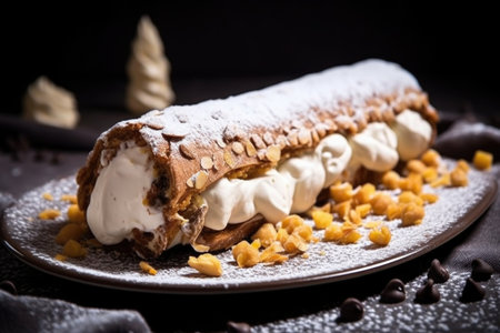 sizing up a piece of cannoli with cream filling, created with generative aiの素材