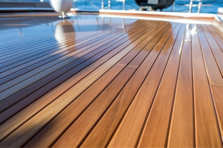 close-up of a yachts polished teak deck under construction, created with generative aiの素材