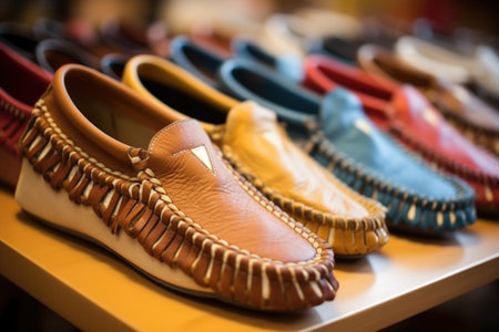 moccasin loafers lined up with focus on the sole design, created with generative aiの素材