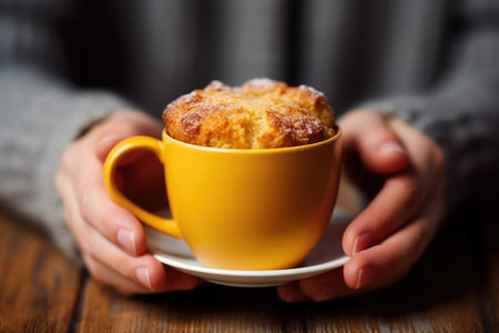 hand holding a muffin dipped in a cup of hot coffee, created with generative aiの素材