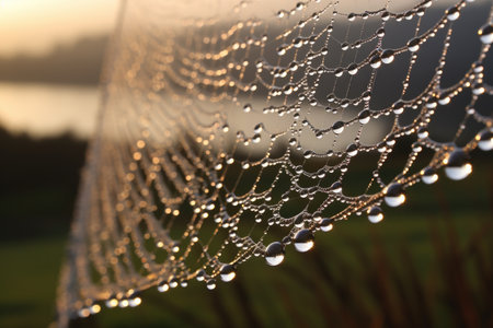 dew drops on spider web reflecting sunlight, created with generative aiの素材