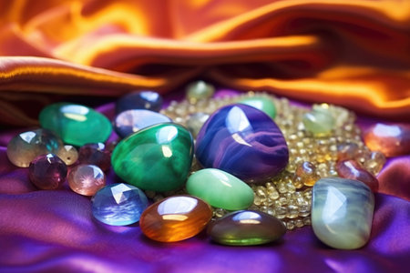 variety of cut and polished opals on a velvet cloth, created with generative aiの素材