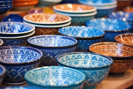 blue pottery ornamental bowls, created with generative aiの素材