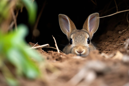 a small rabbit peeking from a burrow, created with generative aiの素材