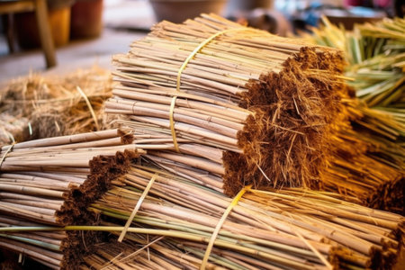 pile of bamboo strips ready for basket crafting, created with generative aiの素材