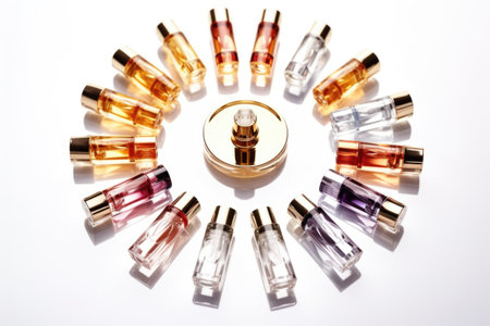perfume bottles arranged in a circle on white surface, created with generative aiの素材