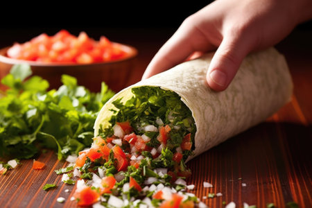hand pouring pico de gallo onto a burrito, created with generative aiの素材