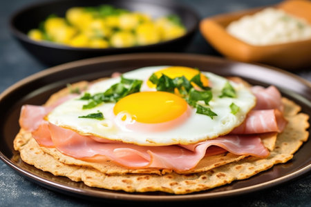 hand layering pita bread with fried egg and ham, created with generative aiの素材