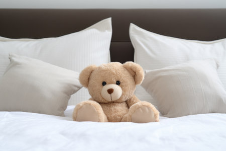 teddy bear in between three adult-sized pillows on a bed, created with generative aiの素材