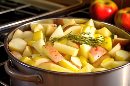 placing sliced potatoes around the pot roast, created with generative aiの素材