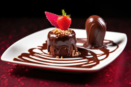handpiece a chocolate-dipped pretzel on a dessert plate, created with generative aiの素材