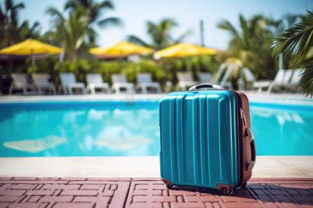 packed suitcase beside a resort swimming pool, created with generative aiの素材