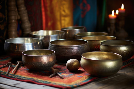 a set of singing bowls from a tibetan monastery, created with generative aiの素材