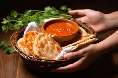 hand holding a basket of naan bread next to rogan josh, created with generative aiの素材