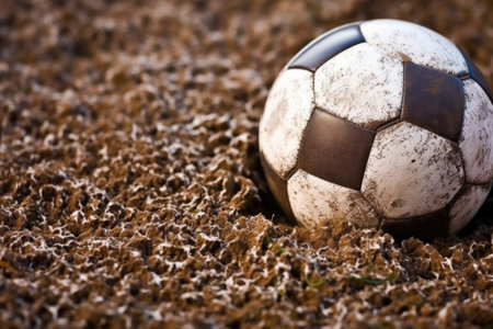 close-up shot capturing the rugged texture of a finished soccer ball, created with generative aiの素材