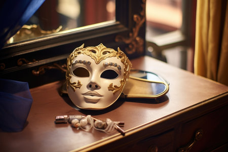 close-up of a theater mask on a dressing table, created with generative aiの素材