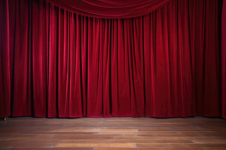 a crimson red theater curtain draped elegantly on a wooden stage, created with generative aiの素材