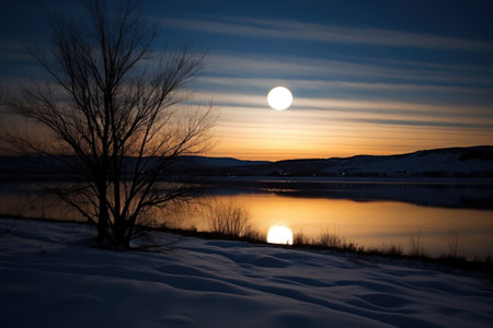 a total eclipse visible over a serene winter landscape, created with generative aiの素材