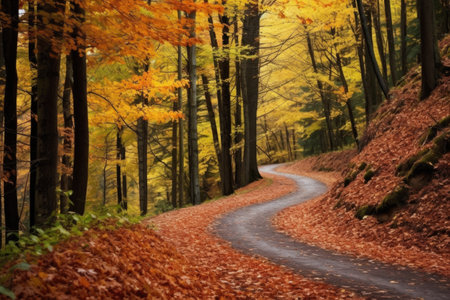 crunchy autumn leaves covering a winding path in a forest, created with generative aiの素材