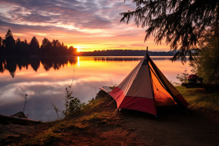 a camping tent next to a lakeside at dawn, created with generative aiの素材