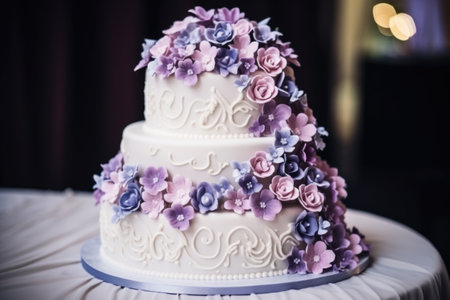 a beautiful wedding cake with decorative icing, created with generative aiの素材