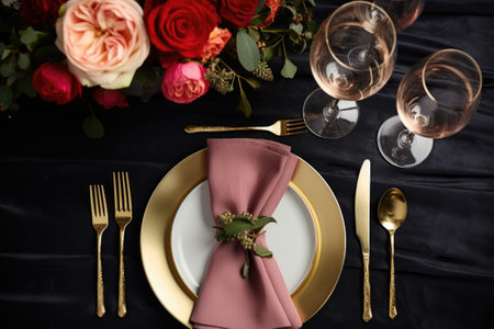 overhead view of a table setting with gold cutlery, created with generative aiの素材
